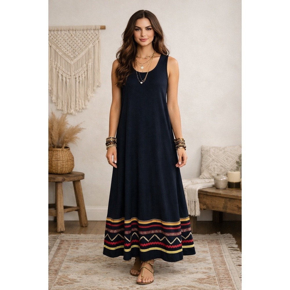 Boho Embroidered Black Maxi Dress Sleeveless